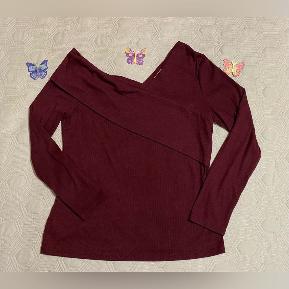 Burgundy Sweater Off the Shoulder Ribbed Size Large Brand Nine.Eight